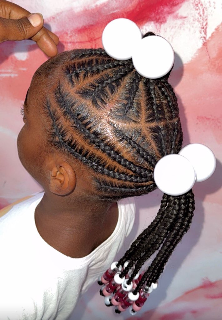 Cornrows into a beaded ponytail