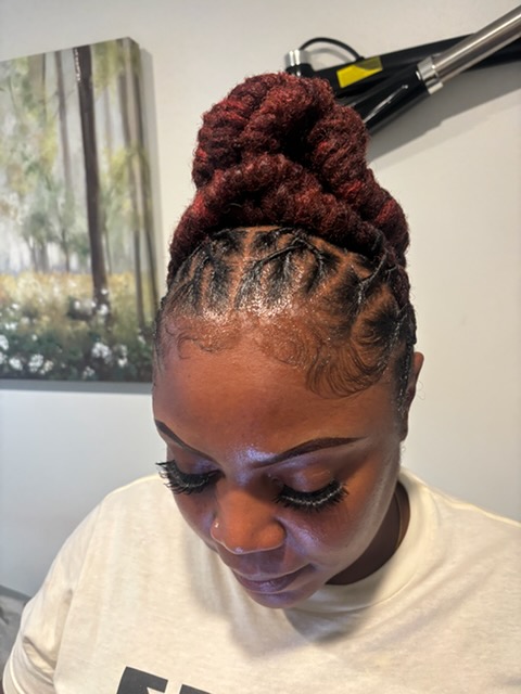 Burgundy locs, updo with laid edges
